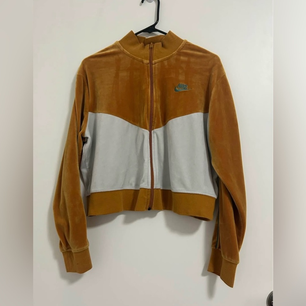 Nike Velour Jacket XL Mustard Gold Cream Colorblock Retro Y2K Track Jacket Crop